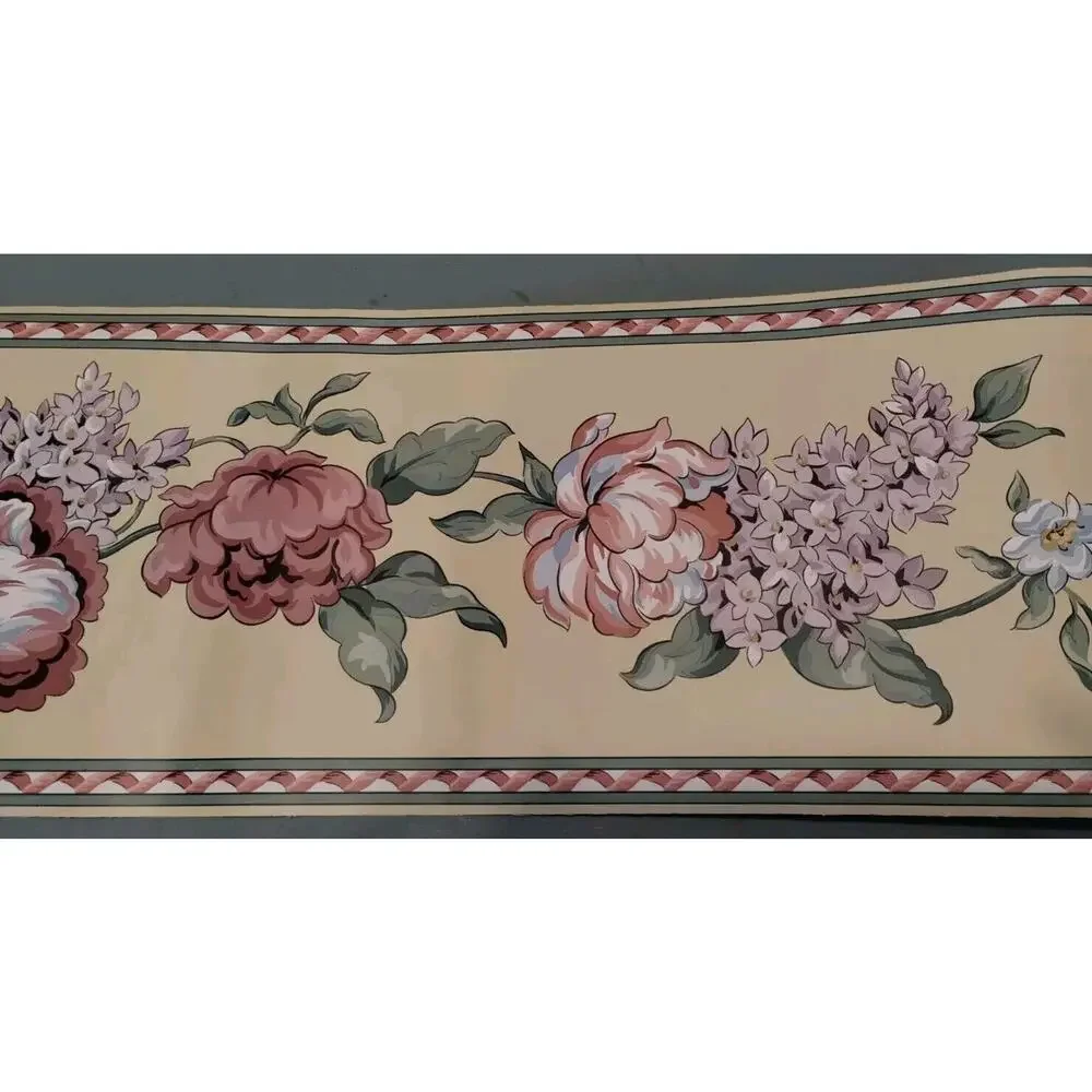 Pink Rose Lilac Flower Floral Leaf Country Wallpaper Border - Beige 5.5 yds